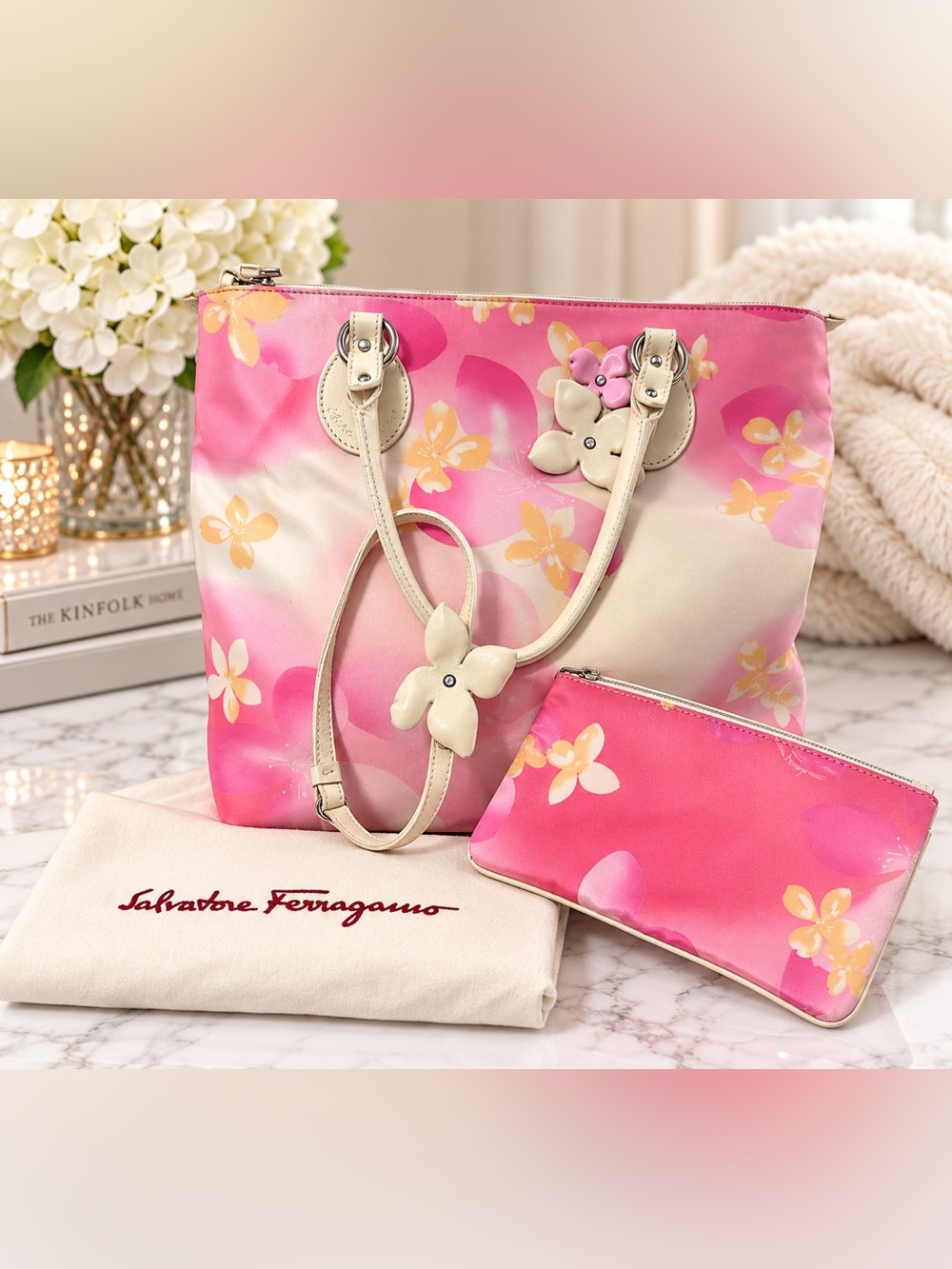 Salvatore Ferragamo Pink and Cream Floral Tote with Matching Pouch